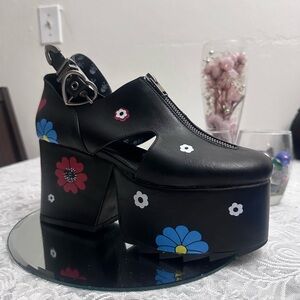 Retro Floral Platform Boots Chunky Heel Statement Alt Fashion Size 9